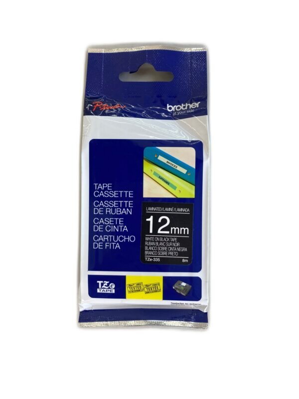Cinta laminada TZE335. Texto blanco - fondo negro.