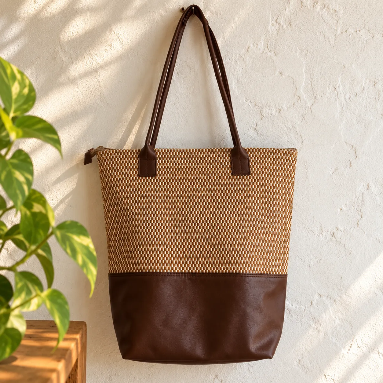 Bolso tote bag de faja tonos tierra y ecocuero